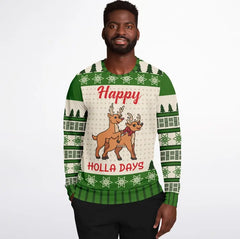 Happy Holla Days Reindeer Christmas Sweater – Funny Ugly Holiday Sweatshirt
