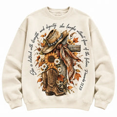 She Is Clothed With Strength Autumn Costume Sweater – Funny Holiday Sweatshirt
