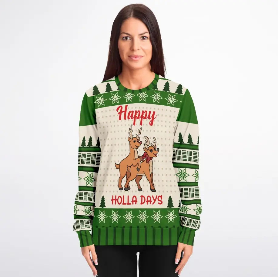 Happy Holla Days Reindeer Christmas Sweater – Funny Ugly Holiday Sweatshirt