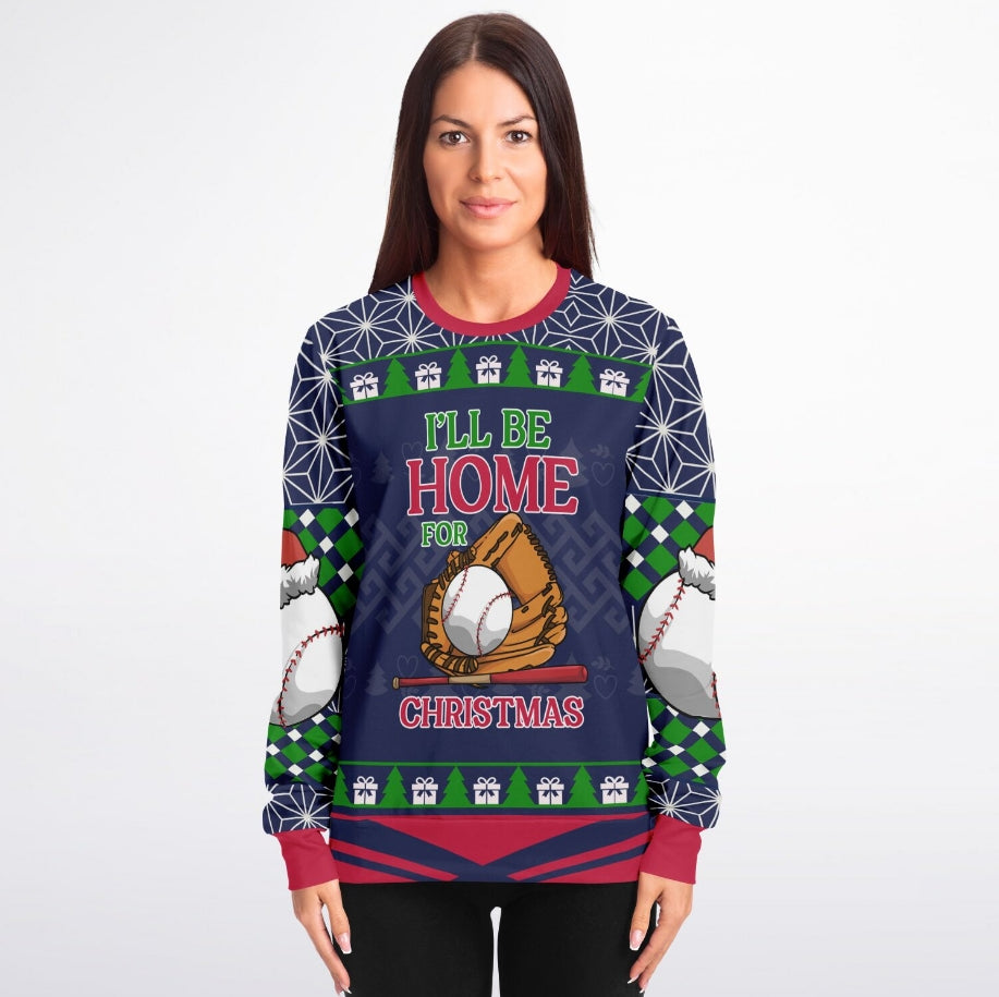 I'll Be Home for Christmas Baseball Christmas Sweater – Funny Ugly Holiday Sweatshirt