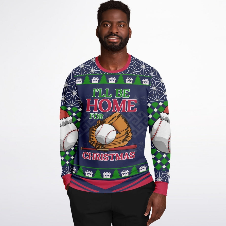 I'll Be Home for Christmas Baseball Christmas Sweater – Funny Ugly Holiday Sweatshirt