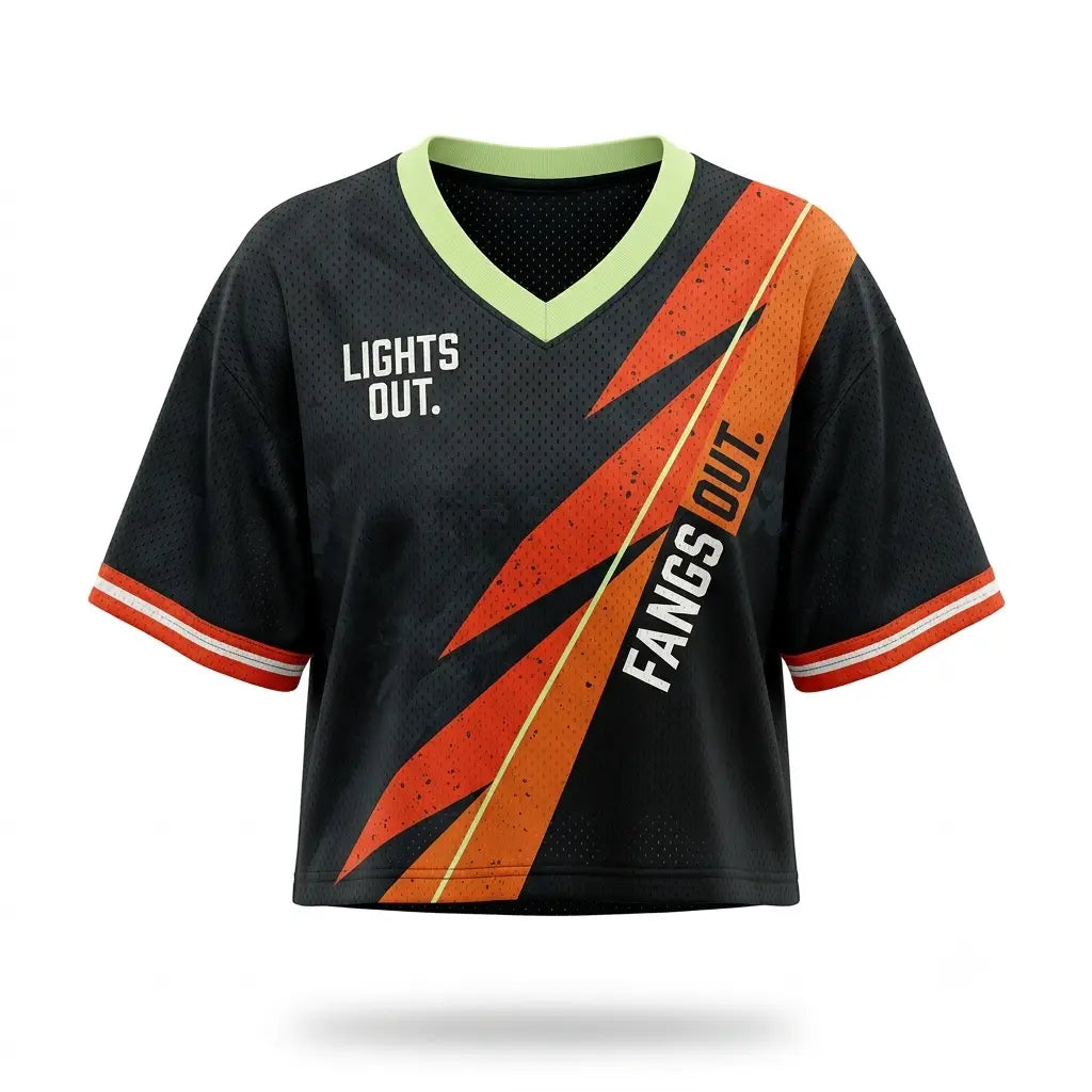 Lights Out Fangs Out Women Crop Top Mesh Jersey Inspired by Air Jordan 5 Retro Halloween Jersey