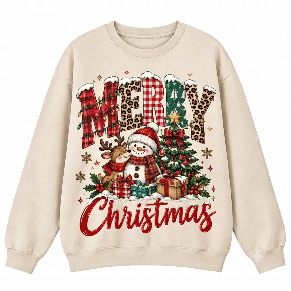 Merry Christmas Snowman Reindeer Christmas Sweater – Funny Holiday Sweatshirt
