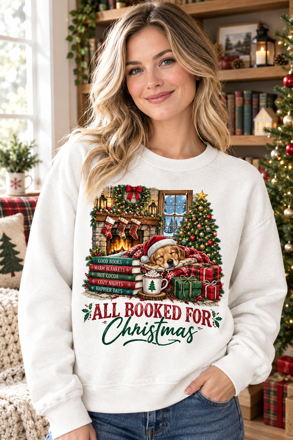 Mockup người mẫu nữ mặc áo All Booked For Christmas Golden