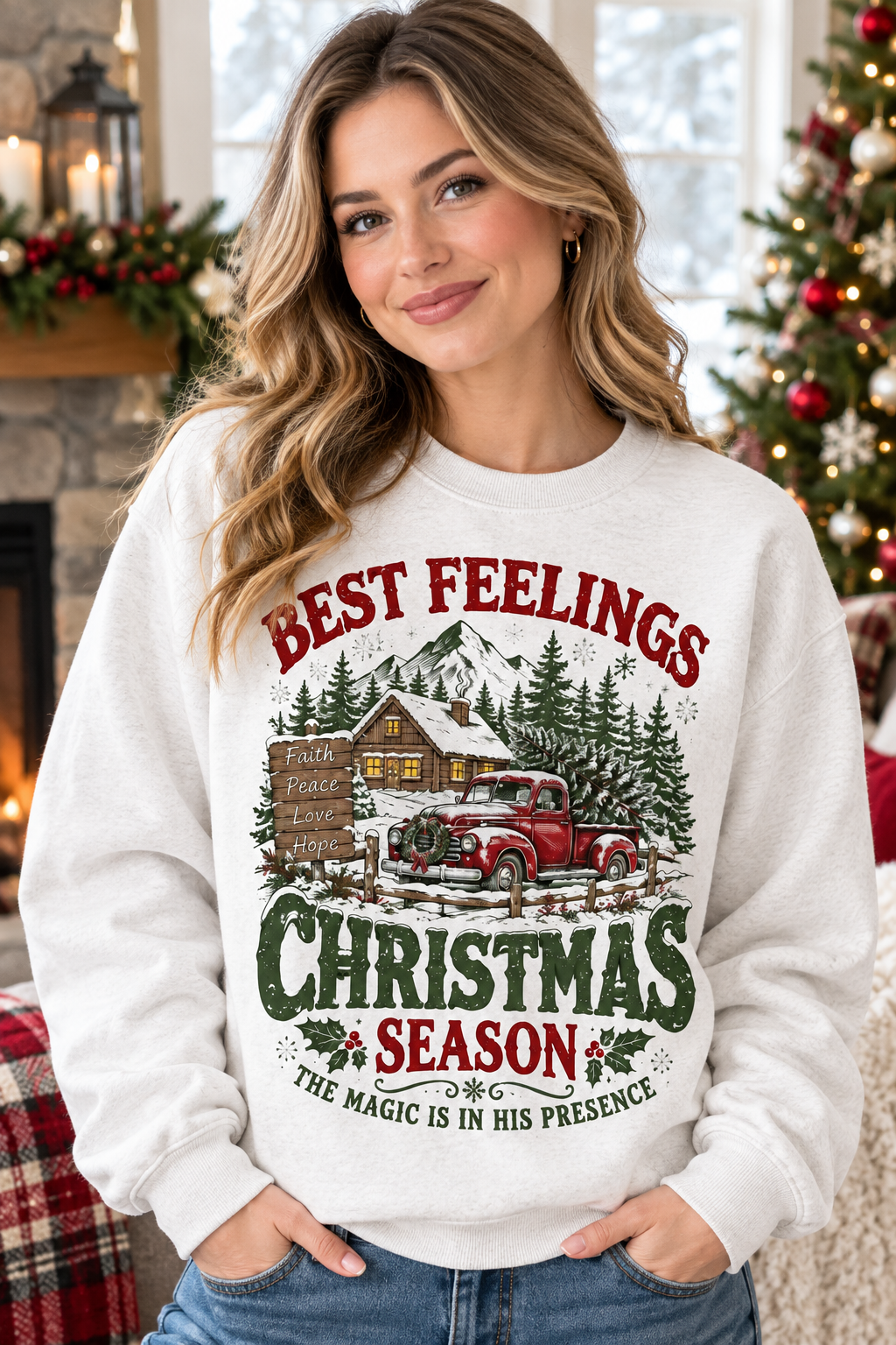 Mockup người mẫu nữ mặc áo Best Feelings Christmas Season