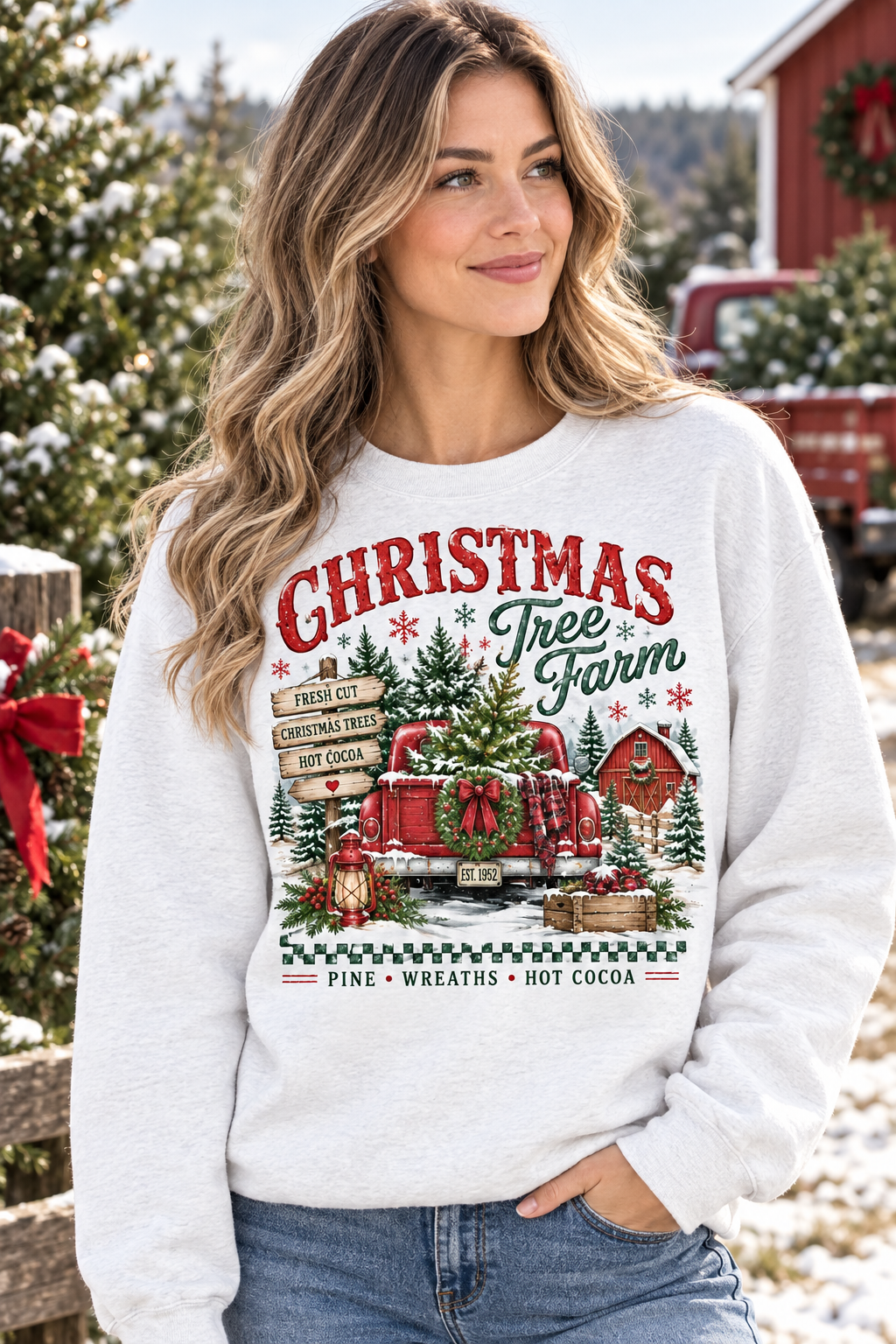 Mockup người mẫu nữ mặc áo Christmas Tree Farm