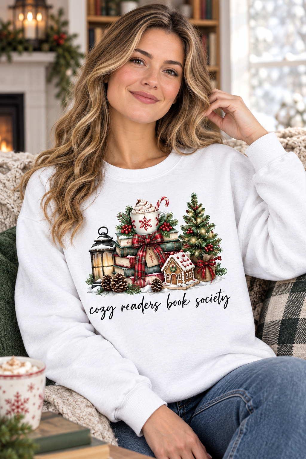 Mockup người mẫu nữ mặc áo Cozy Readers