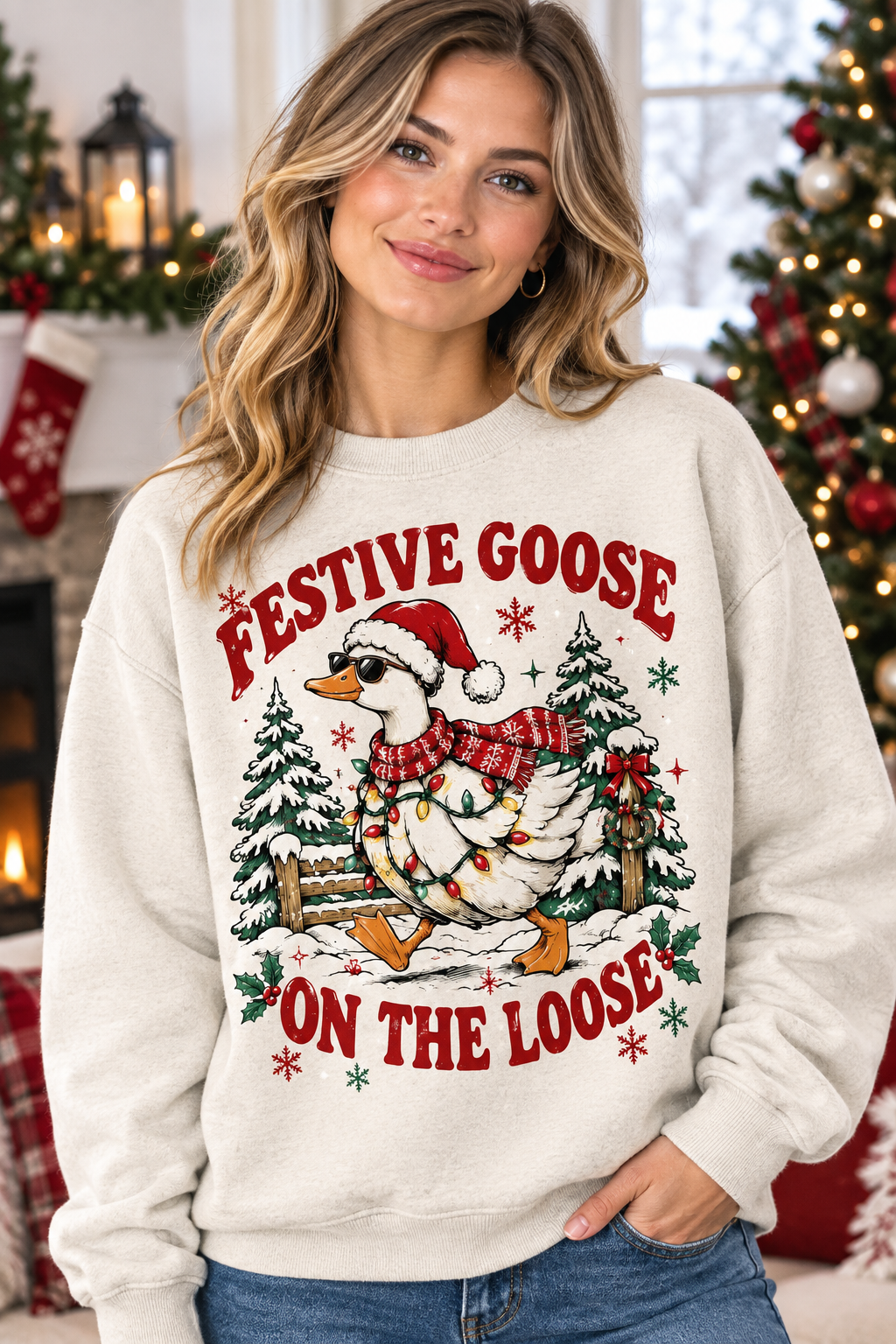 Mockup người mẫu nữ mặc áo Festive Goose On The Loose