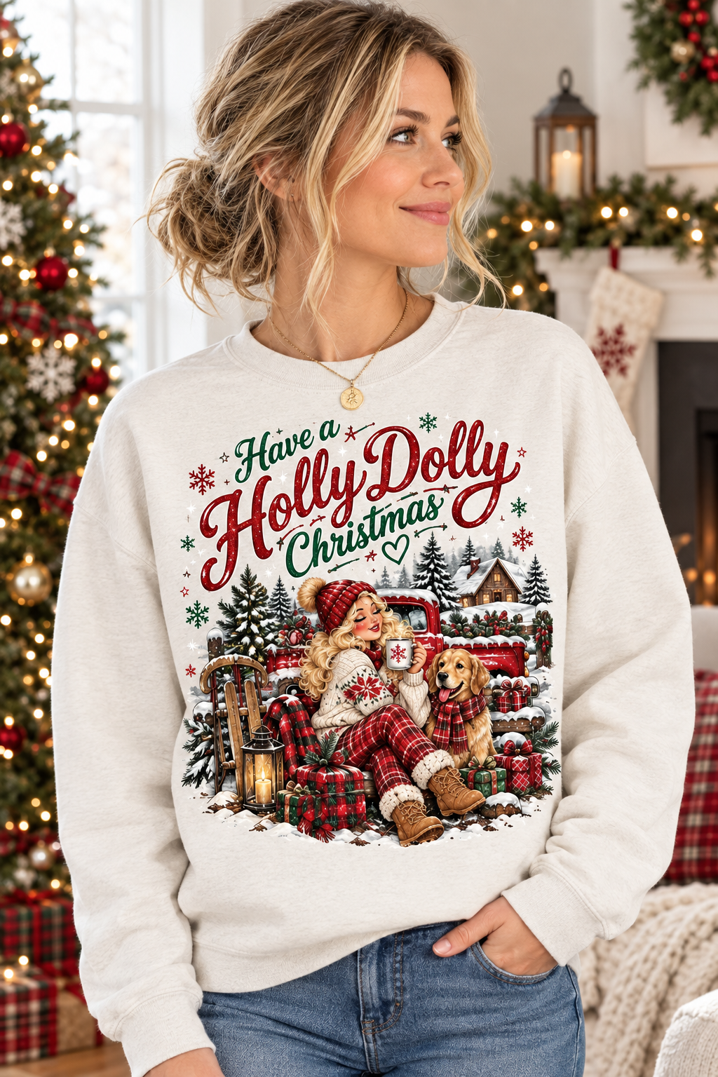 Mockup người mẫu nữ mặc áo Have A Holly Dolly Christmas And Best Golden