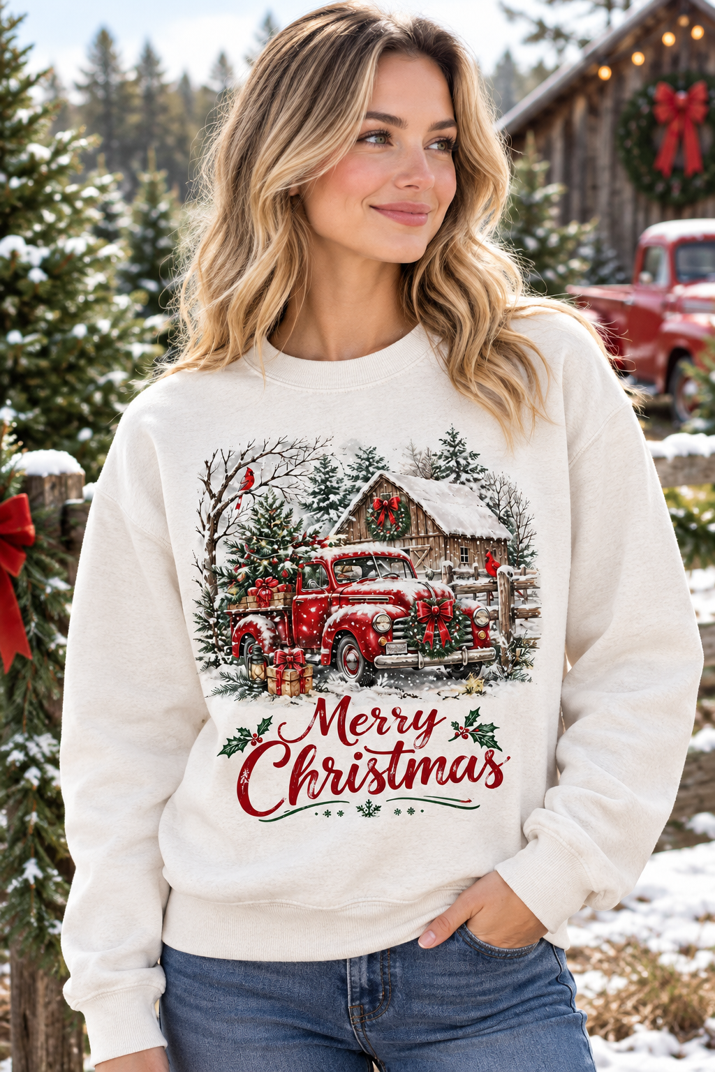 Mockup người mẫu nữ mặc áo Merry Christmas Tree Farm