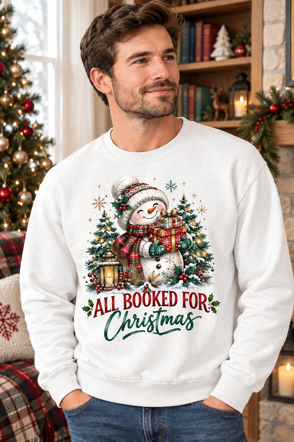 Mockup người mẫu nam mặc áo All Booked For Christmas