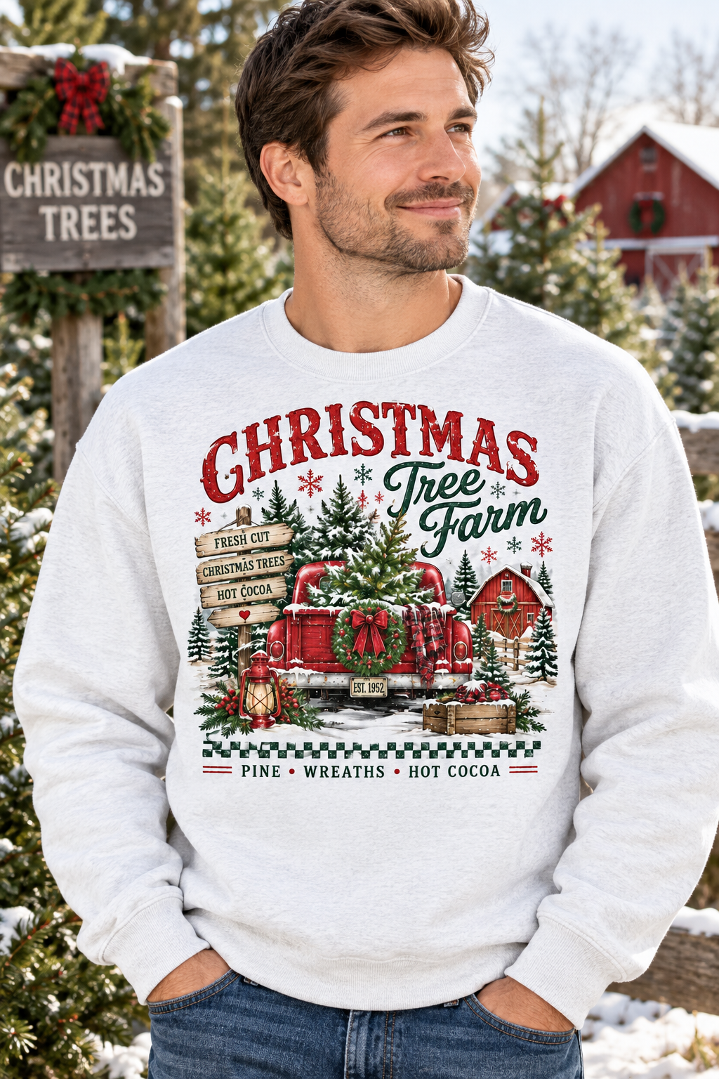 Mockup người mẫu nam mặc áo Christmas Tree Farm