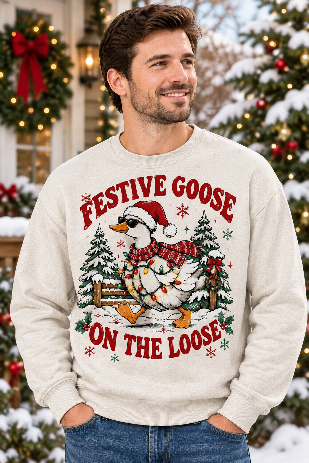Mockup người mẫu nam mặc áo Festive Goose On The Loose