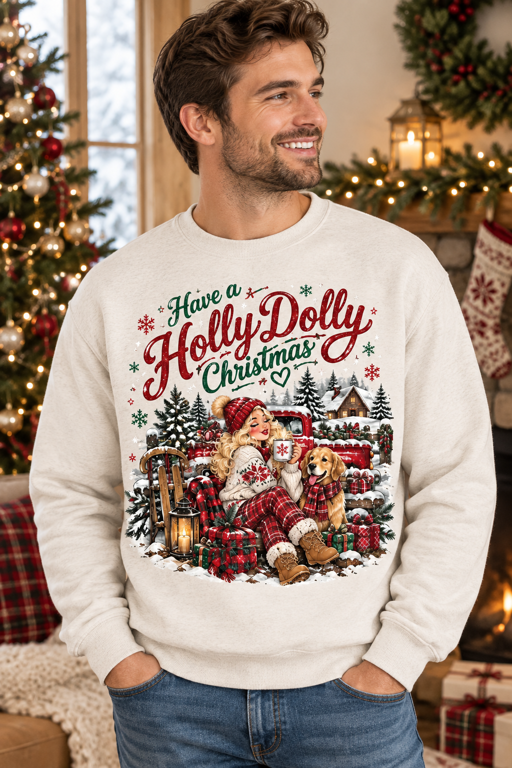 Mockup người mẫu nam mặc áo Have A Holly Dolly Christmas And Best Golden