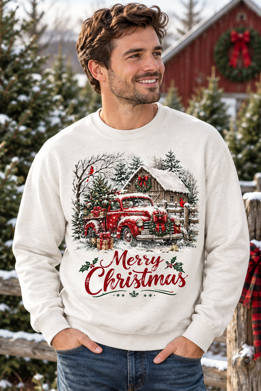 Mockup người mẫu nam mặc áo Merry Christmas Tree Farm