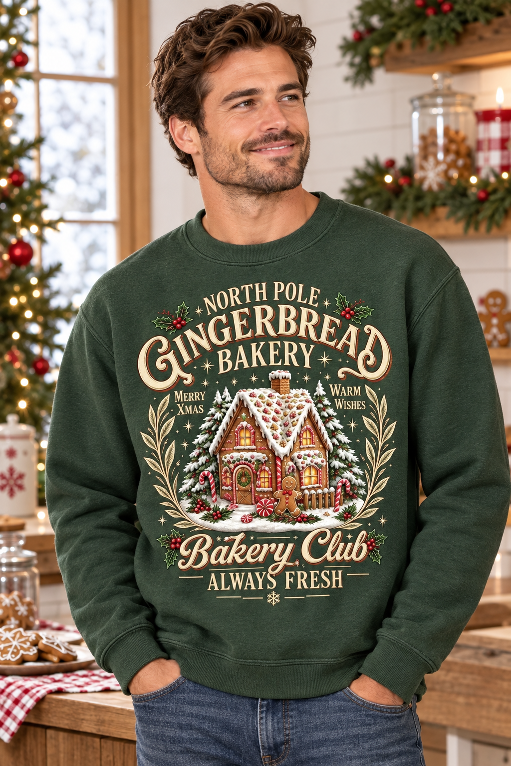 Mockup người mẫu nam mặc áo North Pole Gingerbread Bakery Club