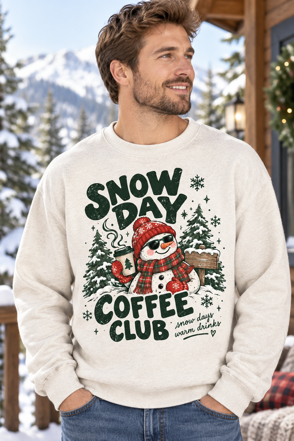 Mockup người mẫu nam mặc áo Snow Day Coffee Club