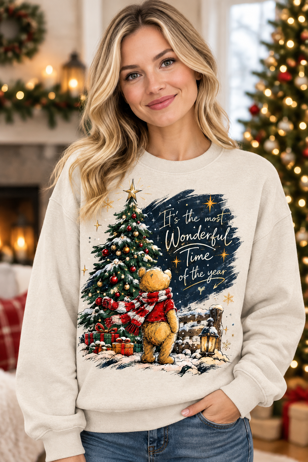 Mockup áo Pooh Bear với người mẫu nữ
