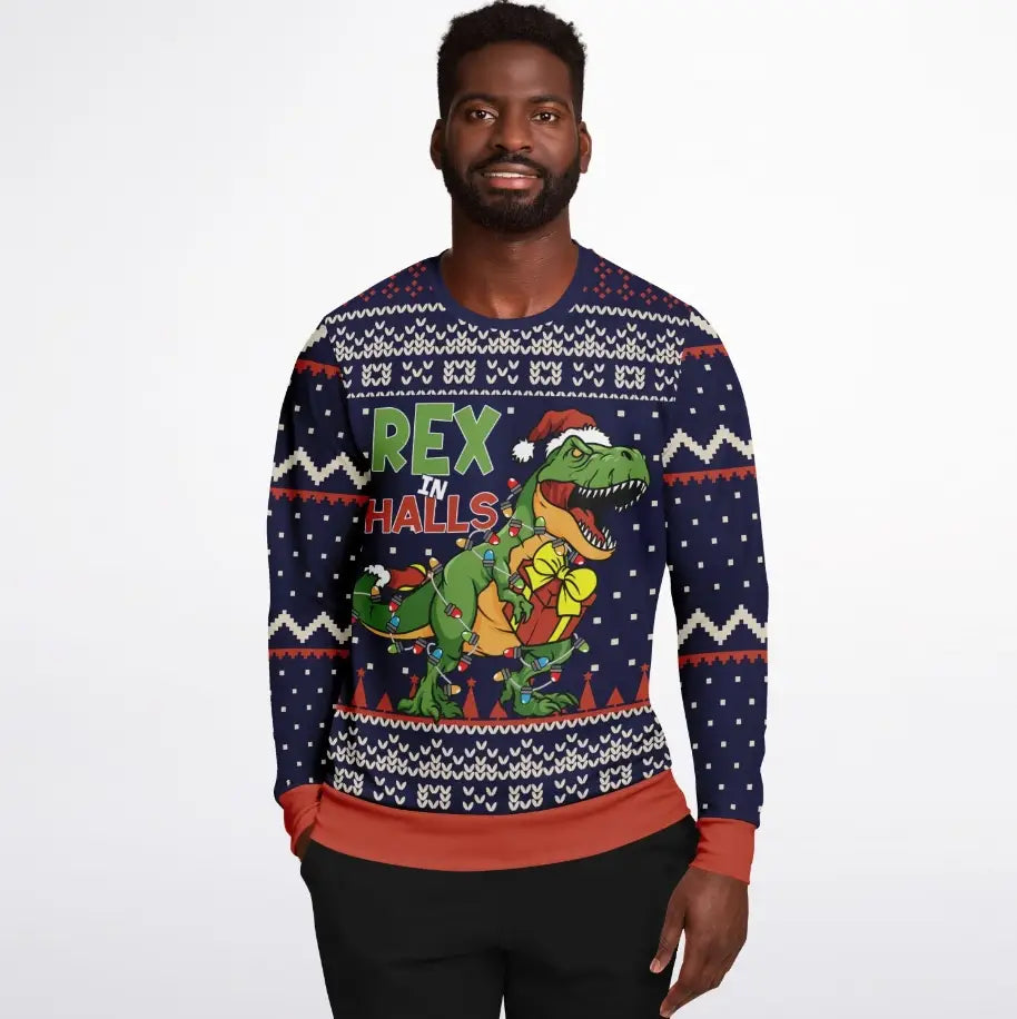 “Rex in the Halls” Festive Dinosaur Ugly Christmas Sweater
