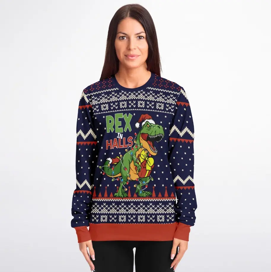 “Rex in the Halls” Festive Dinosaur Ugly Christmas Sweater