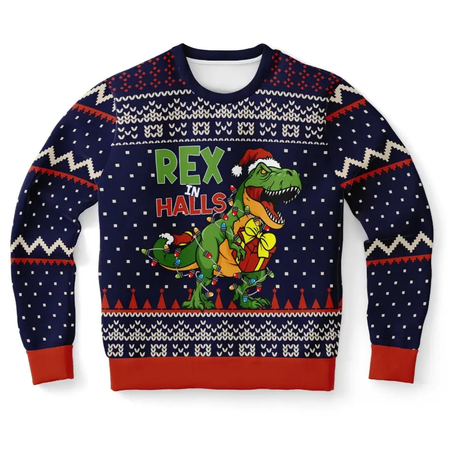 “Rex in the Halls” Festive Dinosaur Ugly Christmas Sweater