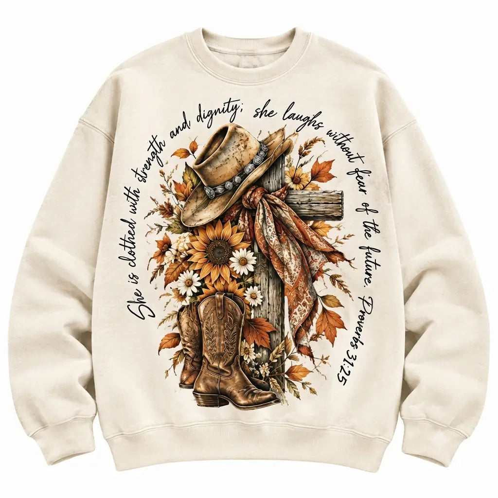She Is Clothed With Strength Autumn Costume Sweater – Funny Holiday Sweatshirt