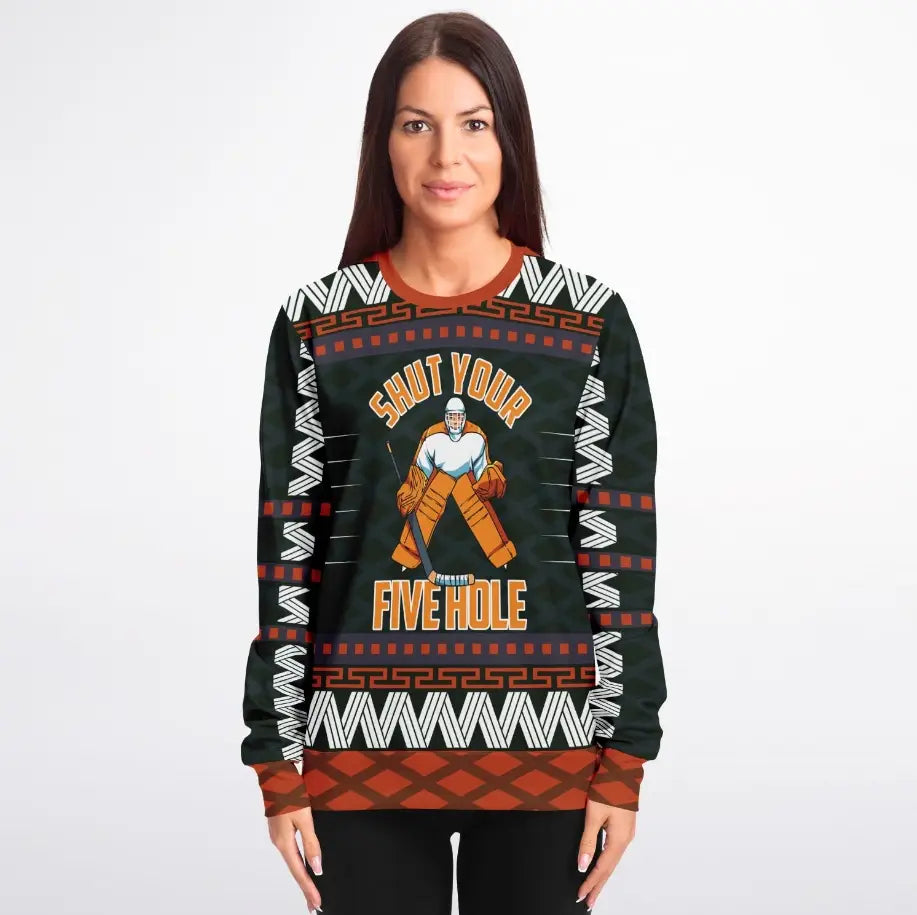 Shut Your Five Hole Hockey Christmas Sweater – Funny Ugly Holiday Sweatshirt
