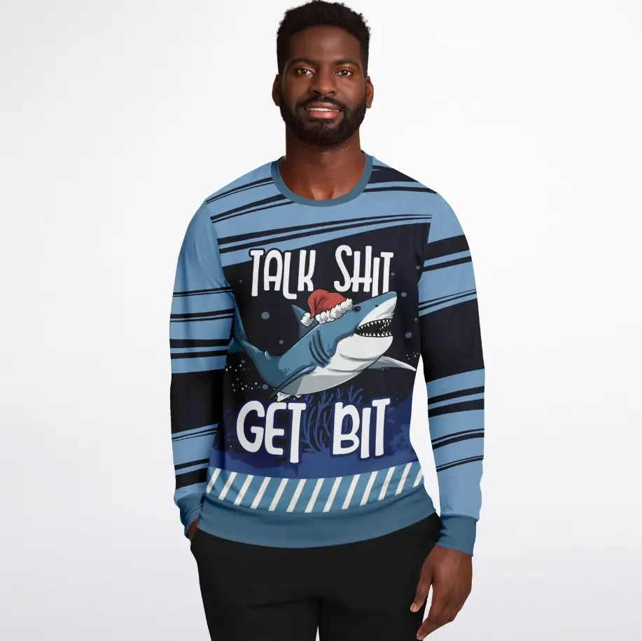 Talk Shit Get Bit Shark Christmas Sweater – Funny Holiday Sweatshirt