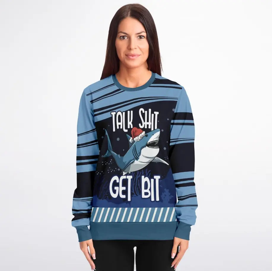Talk Shit Get Bit Shark Christmas Sweater – Funny Holiday Sweatshirt